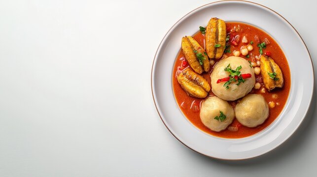 A delectable dish of fufu and plantains bathed in a rich, tomato-based sauce, garnished with fresh herbs, offe a vibrant and flavorful culinary experience.