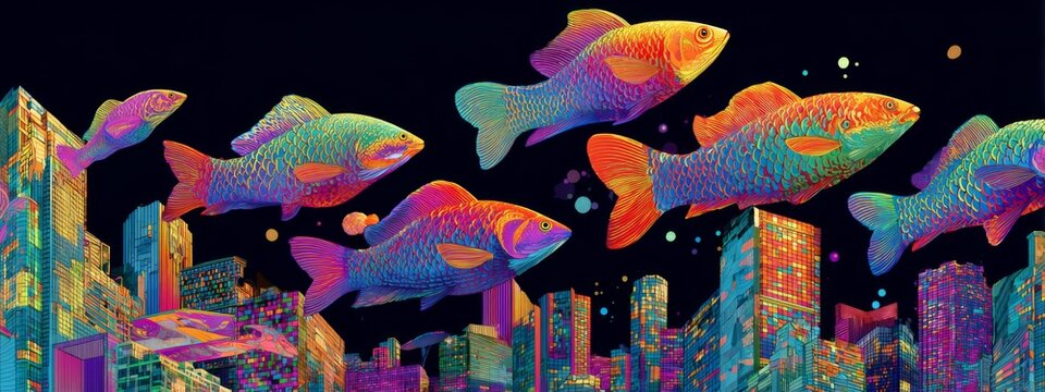 Colorful Rainbow Fish Swimming Against Cityscape with Skyscrapers and Vibrant Lights at Night