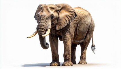 Obraz premium A majestic full-body portrait of a large African elephant with ivory tusks and wrinkled gray skin, standing proudly and looking forward, isolated on a clean white background with a soft shadow.