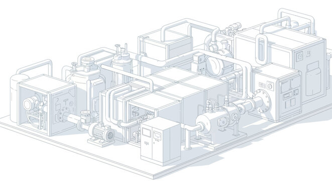 A detailed isometric illustration of a complex industrial machinery unit with intricate piping and various components.