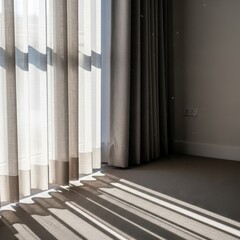Fototapeta premium Sheer fabric curtains gently filter morning sunlight entering a domestic window, highlighting the texture and peaceful interior decor, pleated, sheer, white