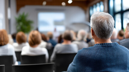 Rear view of senior man attending business meeting conference seminar in bright modern room, learning and networking event