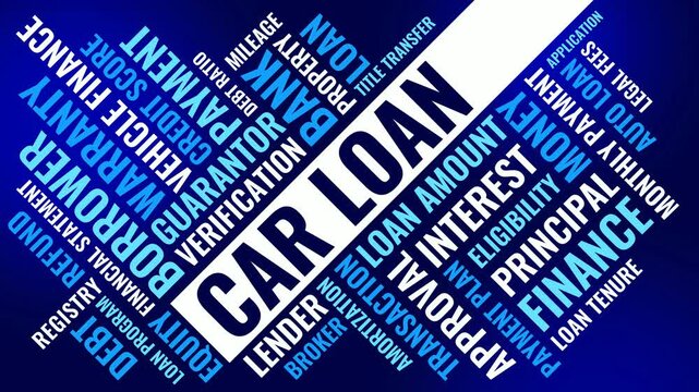 Car loan finance word cloud graphic for banking repayment interest eligibility approval and money management content