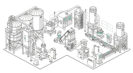 Fototapeta premium Isometric illustration of a modern industrial processing plant with various machinery, storage silos, and conveyor belts, showcasing a complex manufacturing workflow.