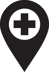 Fototapeta premium Title: Medical location pin icon with a healthcare cross, representing hospital navigation, clinic GPS markers, and emergency health services. Minimalist black vector illustration for maps.