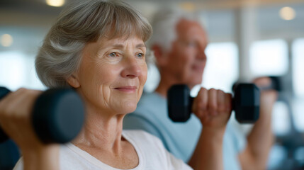 A group of seniors lifting dumbbells in a synchronized manner highlights the social aspect of fitness, demonstrating how group exercise encourages camaraderie and fitness goals among older adults.
