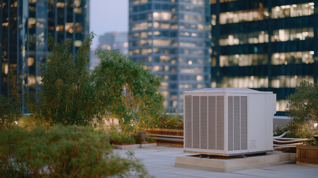 Within the framework of a commercial building, an air conditioning system on a rooftop highlights the advanced technology and energy management involved in ensuring optimal indoor climates amidst
