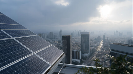 Obraz premium A solar panel island within a bustling district city symbolizes a commitment to green energy, showcasing community efforts aimed at reducing reliance on fossil fuels and promoting environmental