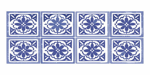 Eight blue and white patterned ceramic tiles arranged in a grid format