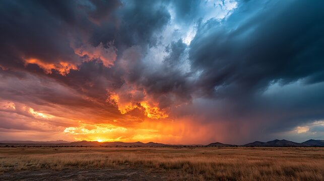 Dramatic sunset sky with fiery orange and dark storm clouds over a vast grassland landscape with distant mountains