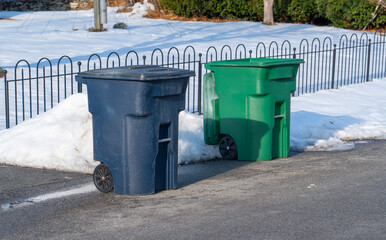 trash bins on the driveway after snow removed