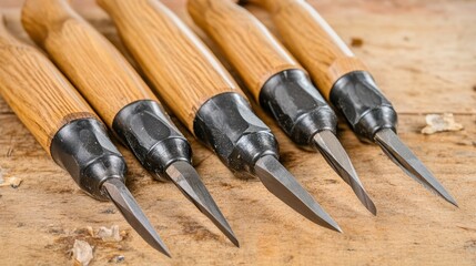 A set of finely crafted wood carving chisels with wooden handles arranged on a wooden surface