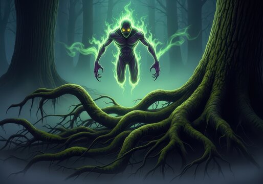 A menacing spectral entity hovers silently above the gnarled roots of ancient trees in a deep, foggy forest at midnight, strange, spirit, eerie