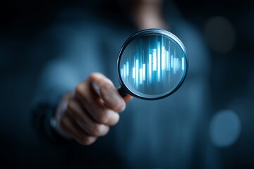 Close up of a financial executive holding a magnifying glass focused on glowing blue digital bar charts and binary code data, concept for business growth, financial planning and market research
