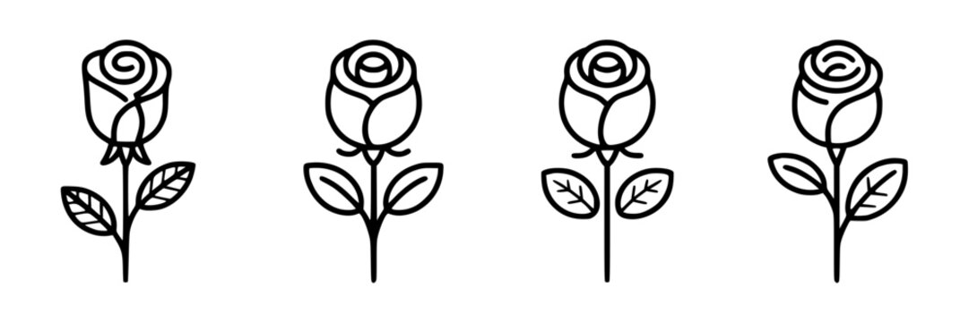 Set of four minimalist black outline rose icons with leaves on a clean white background, simple botanical graphic elements