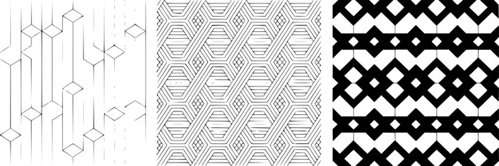 Set of three abstract geometric seamless patterns in black and white, featuring minimalist line art cubes, intricate hexagonal weaves, and bold diamond shapes.