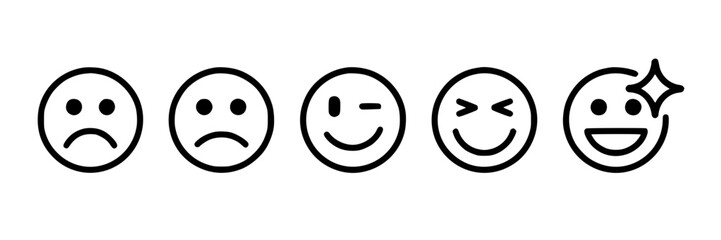 Fototapeta premium Set of five black outline emoji icons showing different emotions: sad, winking, smiling, and delighted with sparkle. Vector graphic.
