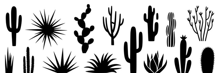 Fototapeta premium Collection of black silhouette desert plants and cacti on white background, vector graphic set with various shapes and styles