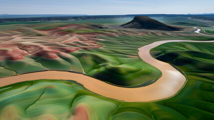 Winding river flows through colorful hills in remote landscape during bright daylight