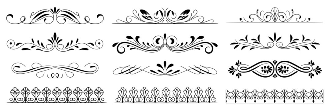 Collection of ornate black vector flourish borders and dividers for design, elegant scrollwork and decorative elements