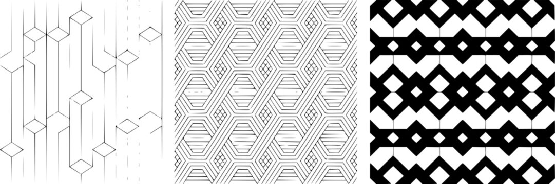 Set of three abstract geometric seamless patterns in black and white, featuring minimalist line art cubes, intricate hexagonal weaves, and bold diamond shapes.