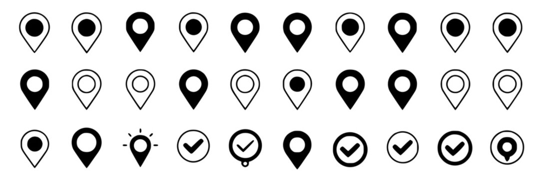 Collection of black and white map pin icons, including filled, outline, and checkmark variations for navigation and location services