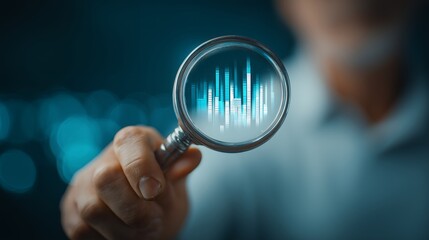 Close up of a Data Analyst's hand holding a magnifying glass inspecting a glowing digital graph, concept for data research, financial auditing and digital security investigation