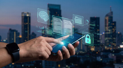 Person interacts with smartphone, displaying digital icons like brain, documents, and lock, symbolizing technology and security against cityscape backdrop