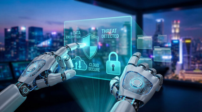 Robotic hands interact with digital interface displaying data encryption, threat detection, and cloud security icons against cityscape background, highlighting advanced technology - Powered by Adobe