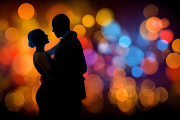 Couple dances against a colorful background during the night at a celebration