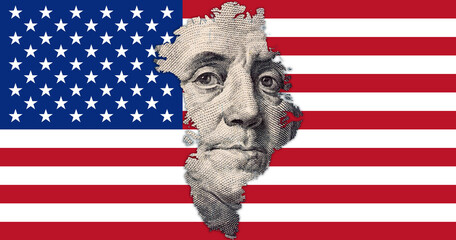 Map of Greenland with a portrait of Franklin on the flag of the United States of America. Fragment of a 100 dollar bill © Sergii