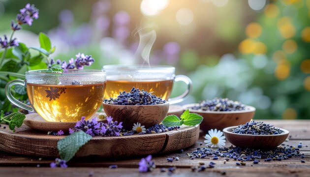 Handcrafted calming teas with chamomile, lavender, and relaxing herbs in high resolution.