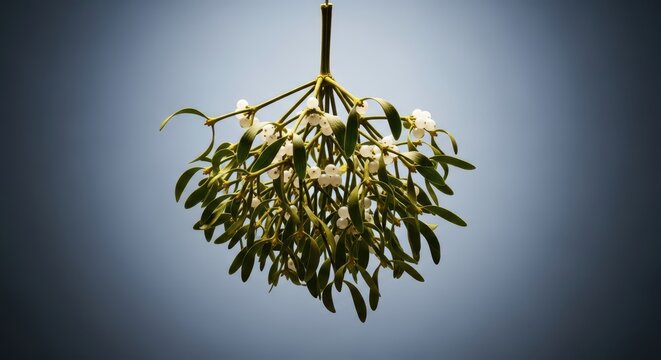 Classic hanging mistletoe cluster with white berries, signifying traditional holiday decoration and winter cheer during the festive yuletide season, christmas, seasonal, festive season