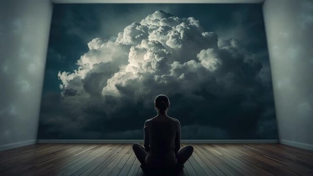 Person seated on a wooden floor facing a large cloud image displayed in a gallery interior