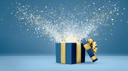 Gift box opens with sparkles and light on blue background, showing surprise elements inside during celebration time