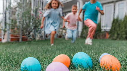 Children run in the garden during an egg hunt on a sunny day while colorful eggs lay on the grass