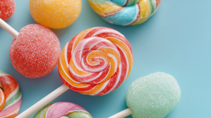 Colorful Assorted Candy Against Blue Background - Swirled Lollipops and Sugared