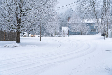  residential street in snow storm