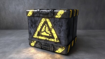 A rugged biohazard containment unit displaying a prominent yellow warning triangle symbol and hazard stripes