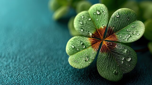 Found a good luck four leaf clover standing out from meadow of green clovers. Unique discovery of a rare 4 leaf clover for St Patricks day charm or to symbolize luck, good fortune, or prosperity
