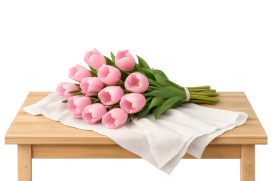 Pink tulip bouquet lying on wooden table with cloth - Powered by Adobe