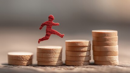 Small red wooden figure leaps over rising stacks of light wood coins symbolizing business steps, concept for corporate investment, risk management and continuous improvement