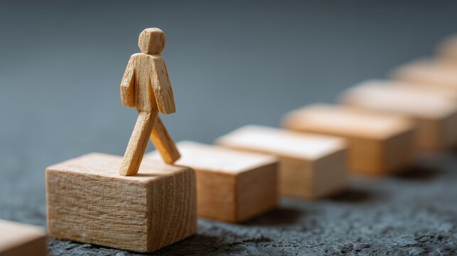 Wooden figure climbing steps made of wood blocks on a dark background, concept for career development, executive leadership and business success
