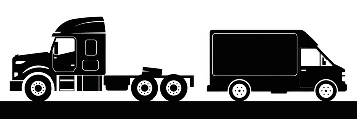 Silhouettes of a Semi Truck and Cargo Van on Road