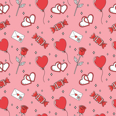 Romantic seamless pattern with red hearts, roses, candies, envelopes on pink background