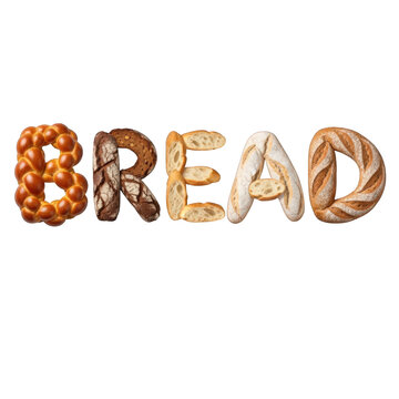 Assorted bread types forming the word bread isolated on transparent background