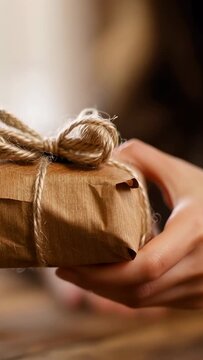 Vertical video: Offering giver handing wrapped gift to recipient at wooden table, showing twine bow