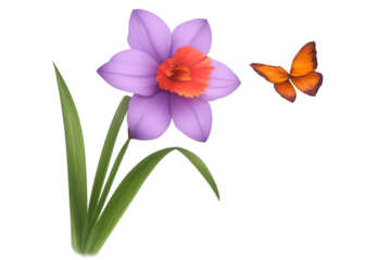 Purple daffodil blooming with orange butterfly transparent background