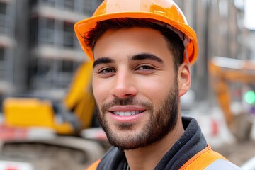 Confident male construction site worker wearing an orange hard hat and safety vest smiles at the camera, showcasing professionalism and dedication in a bustling construction environment