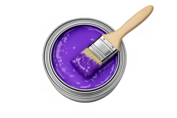 Purple paint can with paintbrush on a transparent background, renovating home, refreshing creative spaces